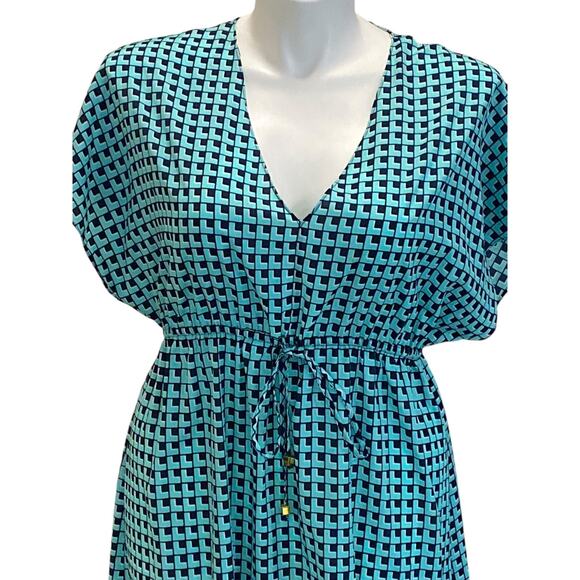 Michael Kors Navy & Aqua Geometric Print Dress, Size Large Elastic Tie Waist EUC - Picture 2 of 9